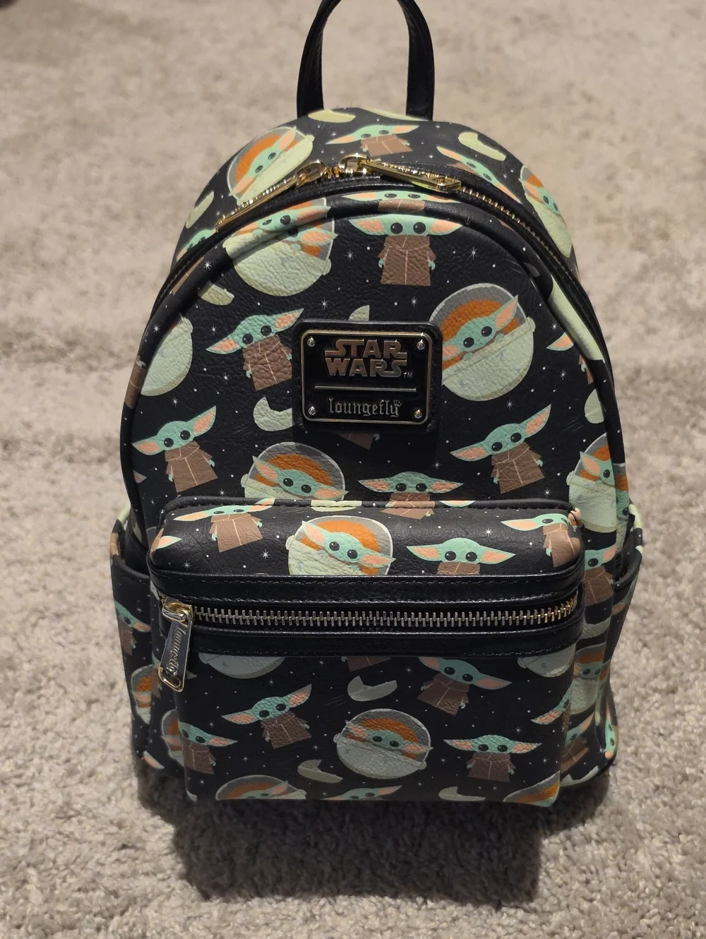 Loungefly Black Mini Backpack with Grogu Pattern